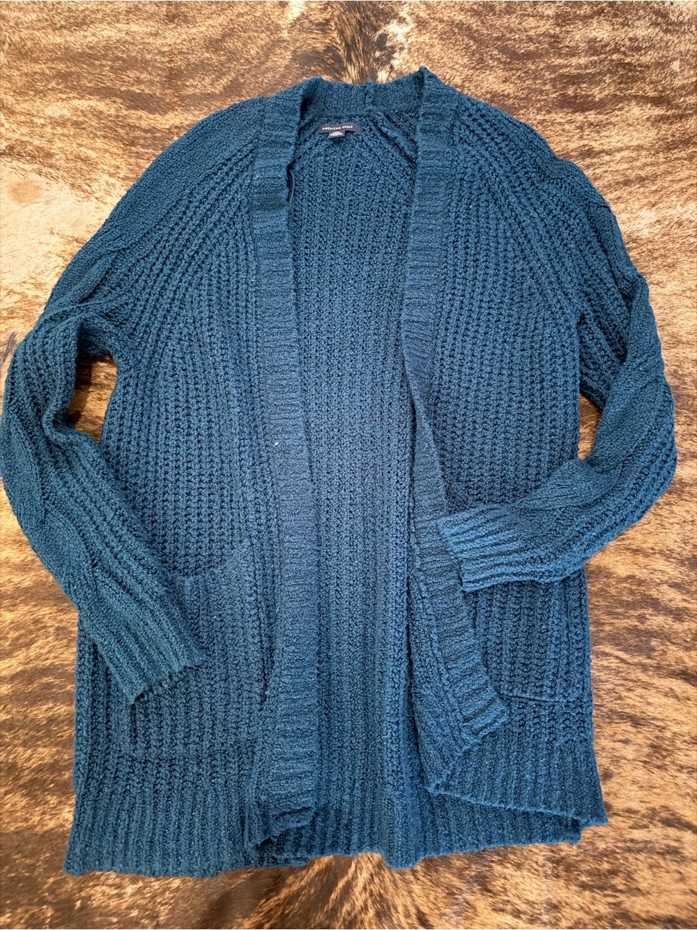 American Age Men's Teal Open-Front Knit Cardigan